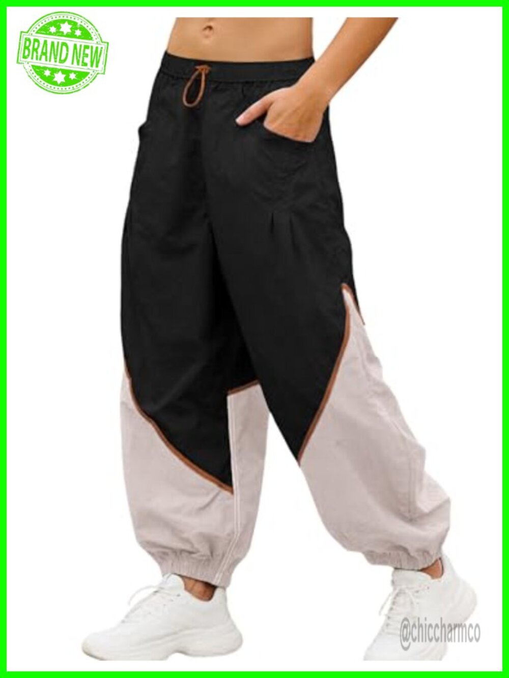 Women's Baggy Wide Leg Track Pants Nylon Elastic Waist Pockets